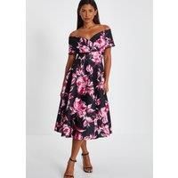 Quiz Black Floral Bardot Skater Midi Dress