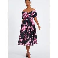 Black Petite Floral Bardot Skater Midi Dress