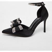 Quiz Black Satin Diamante Bow Court Heels