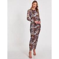 Quiz Brown Mesh Printed Midaxi Dress