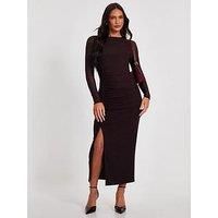 Quiz Brown Mesh Long Sleeve Midaxi Dress