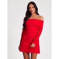 Quiz Red Bardot Long Sleeve Mini Dress