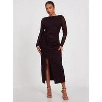 Quiz Petite Brown Mesh Long Sleeve Midaxi Dress