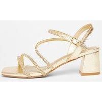 Quiz Wide Fit Gold Diamante Block Heels
