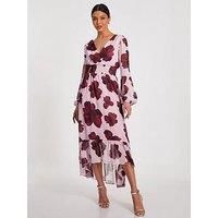 Pale Pink Floral Dip Hem Midi Dress