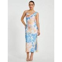 Quiz Petite Blue Satin Floral Midaxi Dress