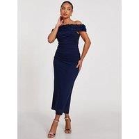 Quiz Petite Navy Mesh Bardot Midaxi Dress