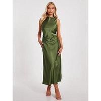 Quiz Khaki Satin Ruched Midi Dress