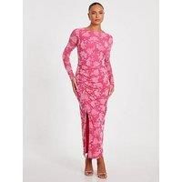 Quiz Magenta Mesh Floral Midaxi Dress