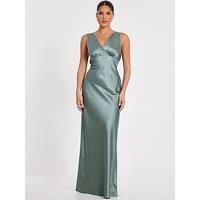 Quiz Sage Satin Front Wrap Maxi Dress