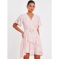 Quiz Pale Pink Belted Skater Dress