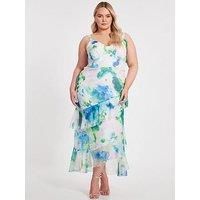 Blue Curve Floral Chiffon Midaxi Dress