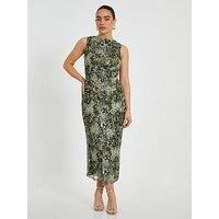 Quiz Petite Khaki Mesh Animal Print Midaxi Dress