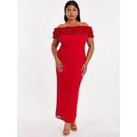 Quiz Women's Red Curve Floral Bardot Midaxi Dress | Size: 26