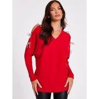 Quiz Women's Red Diamante Bow Jumper | Size: Medium