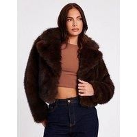 Quiz Women's Brown Faux Fur Cropped Jacket | Size: 8