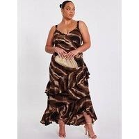 Brown Curve Abstract Chiffon Midaxi Dress