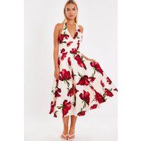 Off White Petite Satin Rose Print Midi Dress