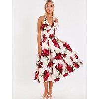 Off White Petite Satin Rose Print Midi Dress