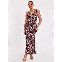 Quiz Brown Woven Floral Midaxi Dress