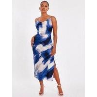 Quiz Women's Blue Petite Satin Marble Midaxi Dress | Size: 14