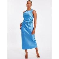 Quiz Women's Blue Petite Satin Ruched Midaxi Dress | Size: 8