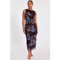 Quiz Women's Brown Petite Floral Mesh Midaxi Dress | Size: 12