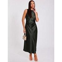 Quiz Women's Green Satin Ruched Midi Dress | Size: 8