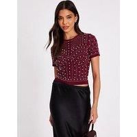 Quiz Women's Burgundy Knit Embellished Crop Top | Size: Medium
