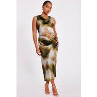 Quiz Petite Khaki Satin Printed Midaxi Dress