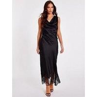 Quiz Women's Black Satin Lace Trim Midaxi Dress | Size: 6