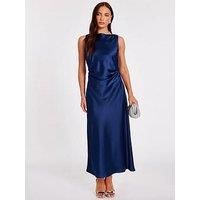 Quiz Women's Navy Satin Ruched Midi Dress | Size: 8