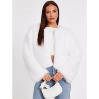 Quiz Women's White Collarless Faux Fur Jacket | Size: 8