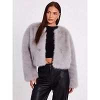 Quiz Women's Grey Collarless Faux Fur Jacket | Size: 6