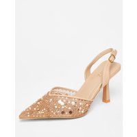 Quiz Women's Nude Sequin Slingback Court Heels | Size: 3
