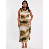 Quiz Women's Khaki Curve Printed Satin Midaxi Dress | Size: 26