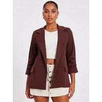 Quiz Women's Brown Petite Ruched Sleeve Blazer | Size: 20
