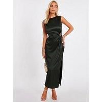 Quiz Women's Khaki Satin Buckle Side Midaxi Dress | Size: 16