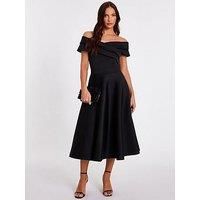 Black Pleated Bardot Midi Dress