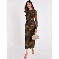 Quiz Women's Khaki Printed Long Sleeve Midaxi Dress | Size: 8