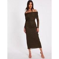 Quiz Women's Khaki Mesh Bardot Ruched Midi Dress | Size: 10