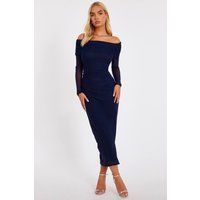 Quiz Women's Navy Mesh Bardot Ruched Midi Dress | Size: 18