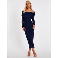 Quiz Women's Navy Mesh Bardot Ruched Midi Dress | Size: 20
