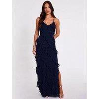 Navy Chiffon Ruffle Midaxi Dress