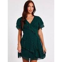 Quiz Women's Green Chiffon Ruffle Mini Dress | Size: 10