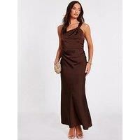 Quiz Women's Brown Satin One Shoulder Midaxi Dress | Size: 18