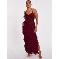 Quiz Women's Burgundy Petite Chiffon Ruffle Midaxi Dress | Size: 8