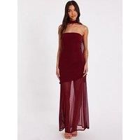 Quiz Dark Red Strapless Mesh Hem Maxi Dress