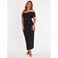 Quiz Women's Black Embellished Bardot Midaxi Dress | Size: 12
