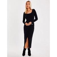 Quiz Women's Black Ribbed Long Sleeve Midaxi Dress | Size: 20